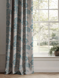 Blue Floral Linen Curtains - Erleen Nat Blue Stone - Natural base fabric.