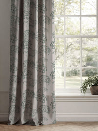 Green Floral Linen Curtains - Erleen Nat Sage - Natural base fabric.