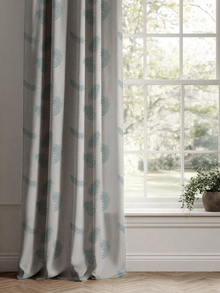 Blue Patterned Linen Curtains - Feathers Duckegg - Natural base fabric.