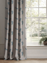 Blue Patterned Linen Curtains - Feathers True Blue - Natural base fabric.