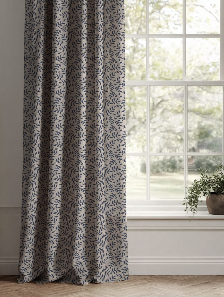 Blue Botanical Linen Curtains - Fita Deep Blue - Natural base fabric.