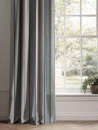 Blue Striped Linen Curtains - Freja Blue Stone - Natural base fabric.