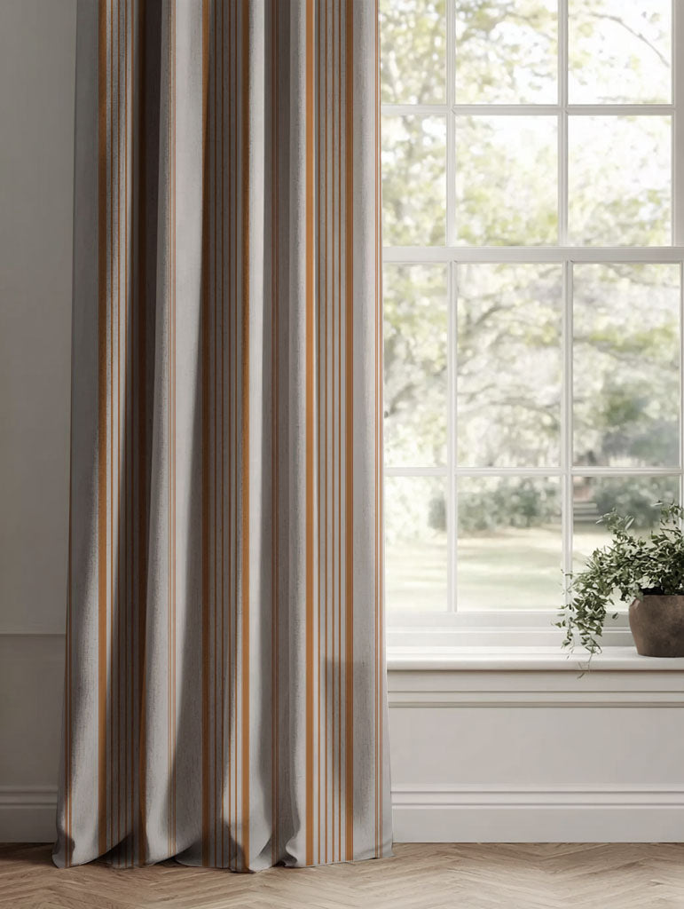 Orange Striped Linen Curtains - Freja Tangerine - Natural base fabric.