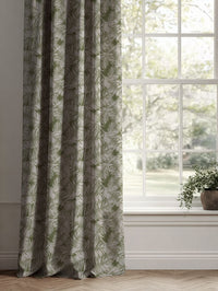 Green Patterned Linen Curtains - Gabi Khaki - Natural base fabric.
