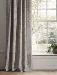 Grey Botanical Linen Curtains - Goldfinch Greige - Natural base fabric.
