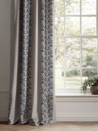 Blue Patterned Linen Curtains - Hensley Deep Blue - Natural base fabric.