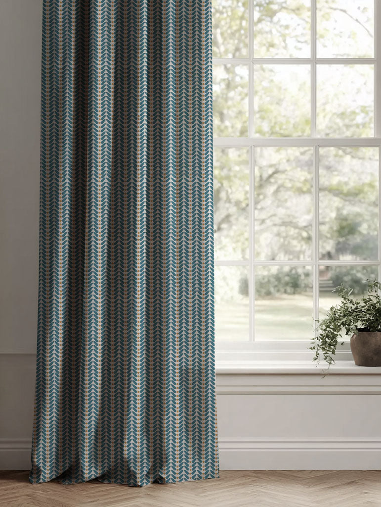 Blue / Orange Patterned Linen Curtains - Hulda Blue Stone - Ochre - Natural base fabric.