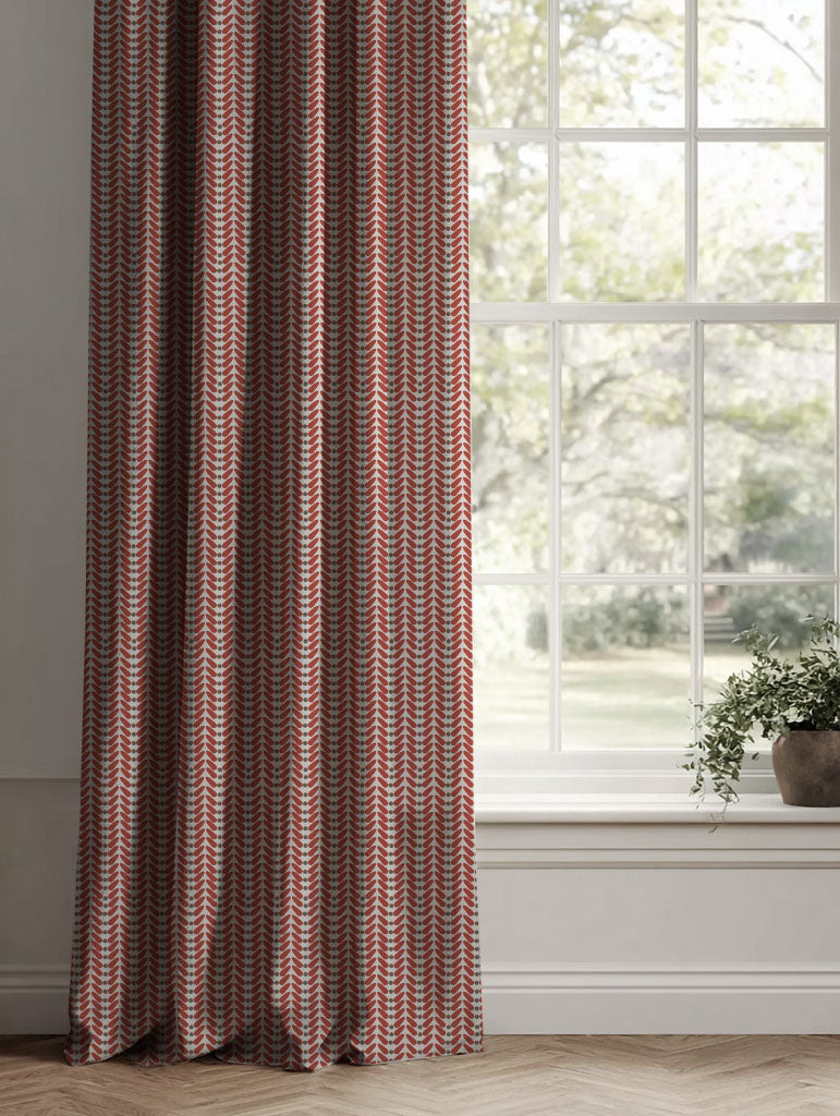Red Patterned Linen Curtains - Hulda Crimson Red - Natural base fabric.