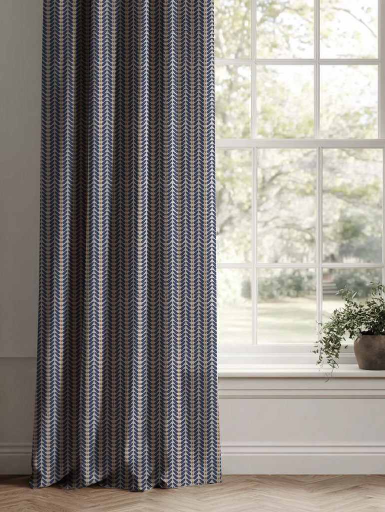 Blue / Orange Patterned Linen Curtains - Hulda Deep Blue Ochre - Natural base fabric.