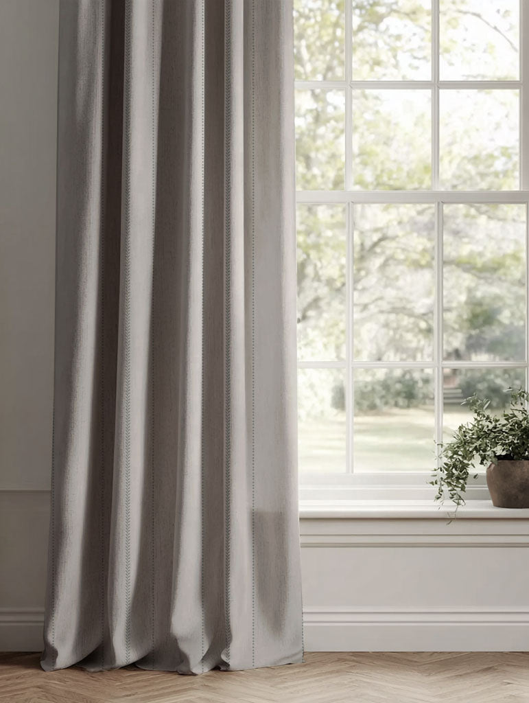 Grey Striped Linen Curtains - Inari Greige - Natural base fabric.