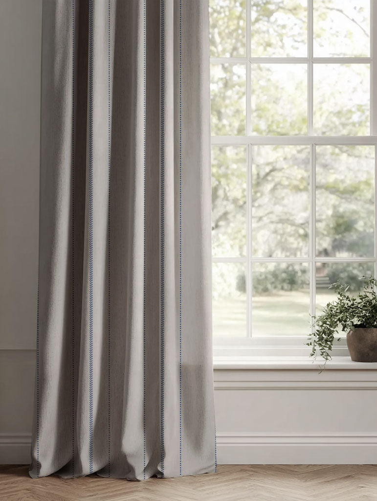 Blue Striped Linen Curtains - Inari Night Blue - Natural base fabric.
