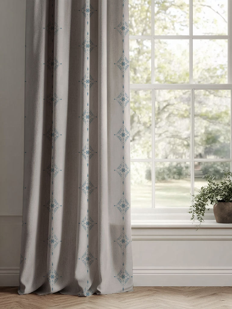 Blue Patterned Linen Curtains - Kaisley True Blue - Natural base fabric.