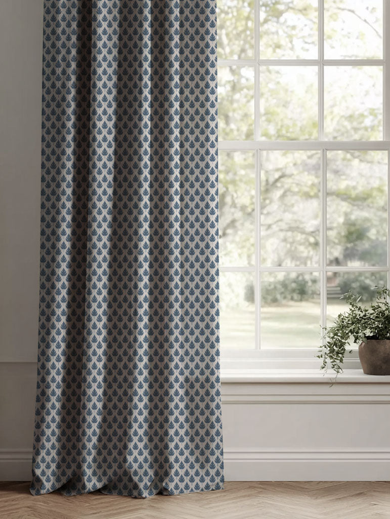 Blue Botanical Linen Curtains - Kira-Nat Denim - Natural base fabric.