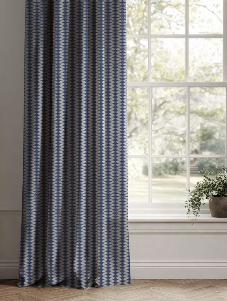 Blue Patterned Linen Curtains - Ksenia Night Blue - Natural base fabric.