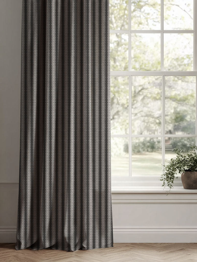 Black Patterned Linen Curtains - Ksenia Noir - Natural base fabric.