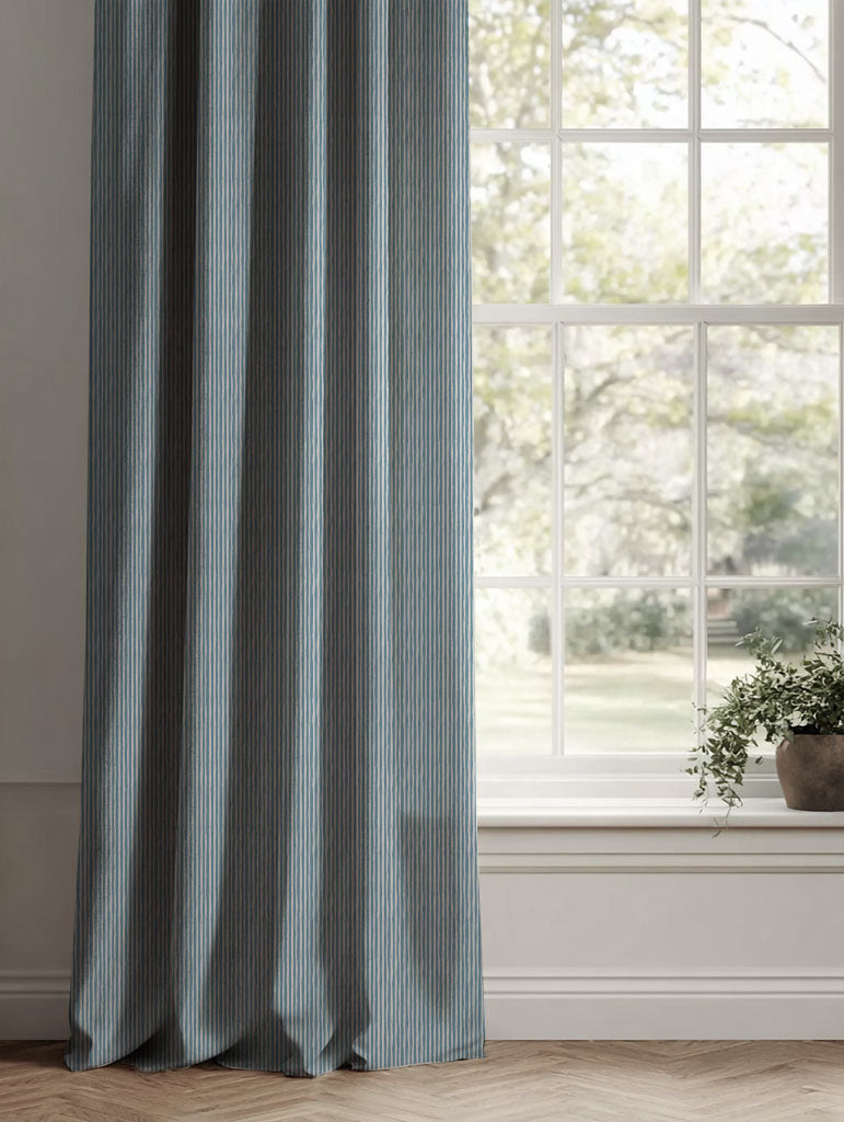 Blue Striped Linen Curtains - Laila True Blue - Natural base fabric.