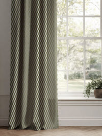 Green Patterned Linen Curtains - Lana Khaki - Natural base fabric.
