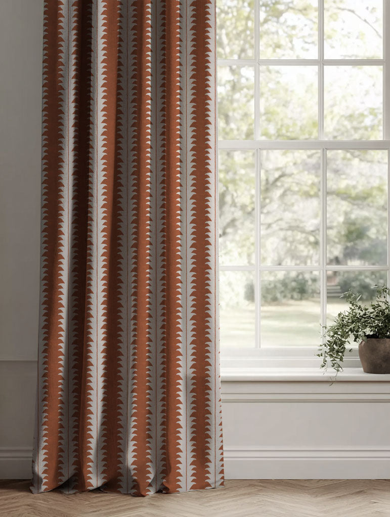 Orange Patterned Linen Curtains - Leona Terracotta - Natural base fabric.