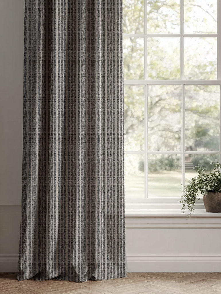 Grey Striped Linen Curtains - Lydia Charcoal - Natural base fabric.