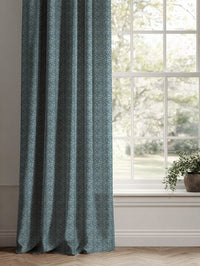 Blue Patterned Linen Curtains - Malena Blue Stone - Natural base fabric.