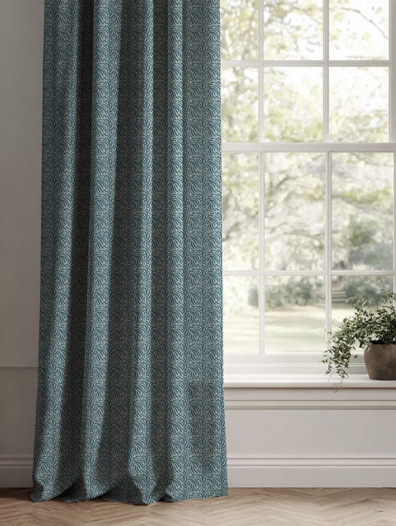 Blue Patterned Linen Curtains - Malena Blue Stone - Natural base fabric.