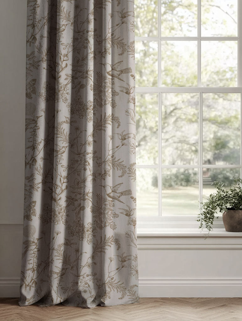 Brown Floral Linen Curtains - Marianne-INV Sand - Natural base fabric.