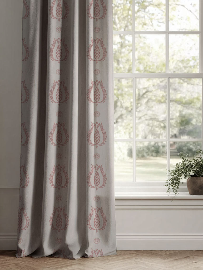 Pink Patterned Linen Curtains - Maya Dusty Pink - Natural base fabric.