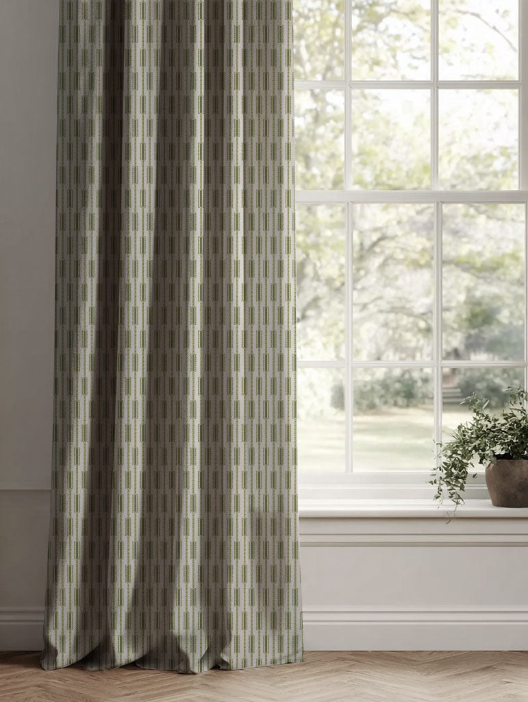 Green Patterned Linen Curtains - Millie Khaki - Natural base fabric.