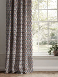 Blue / Orange Floral Linen Curtains - Miny Blue Terracotta-INV - Natural base fabric.