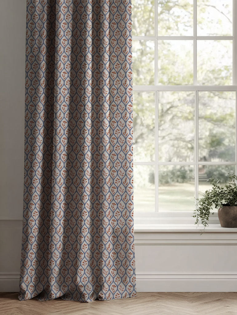 Blue / Orange Floral Linen Curtains - Miny Blue Terracotta-INV - Natural base fabric.