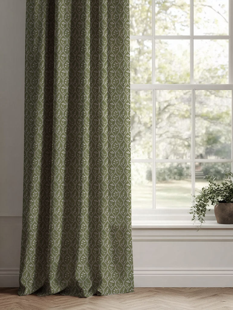 Green Floral Linen Curtains - Miny Khaki - Natural base fabric.