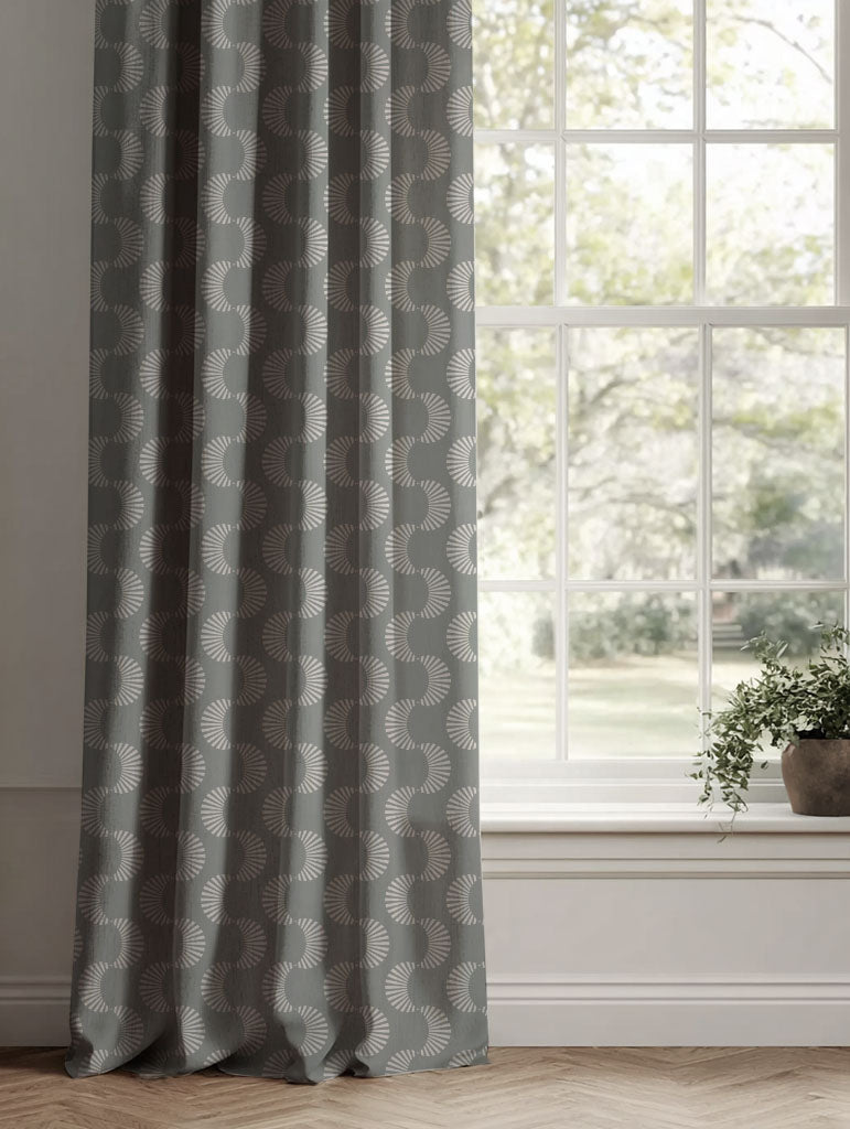 Grey Patterned Linen Curtains - Naja Greige - Natural base fabric.