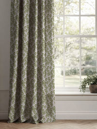 Green Botanical Linen Curtains - Nalini Khaki - Natural base fabric.