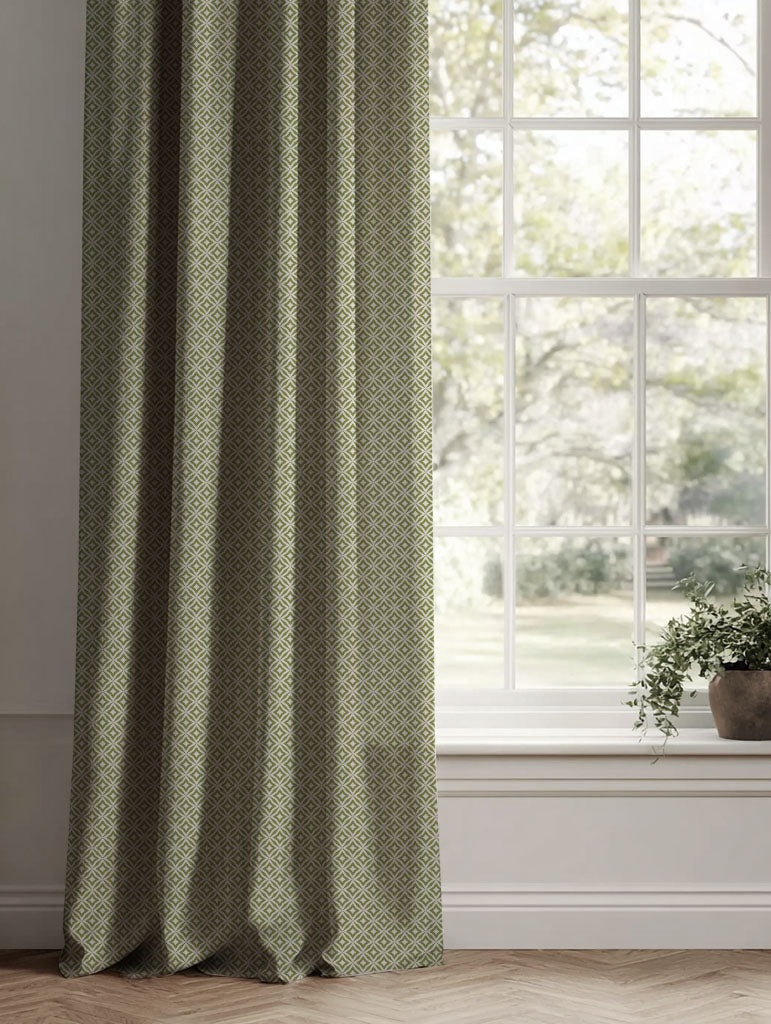 Green Patterned Linen Curtains - Nella Leaf - Natural base fabric.