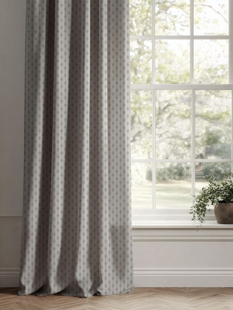 Green Patterned Linen Curtains - Nikolet Sage - Natural base fabric.