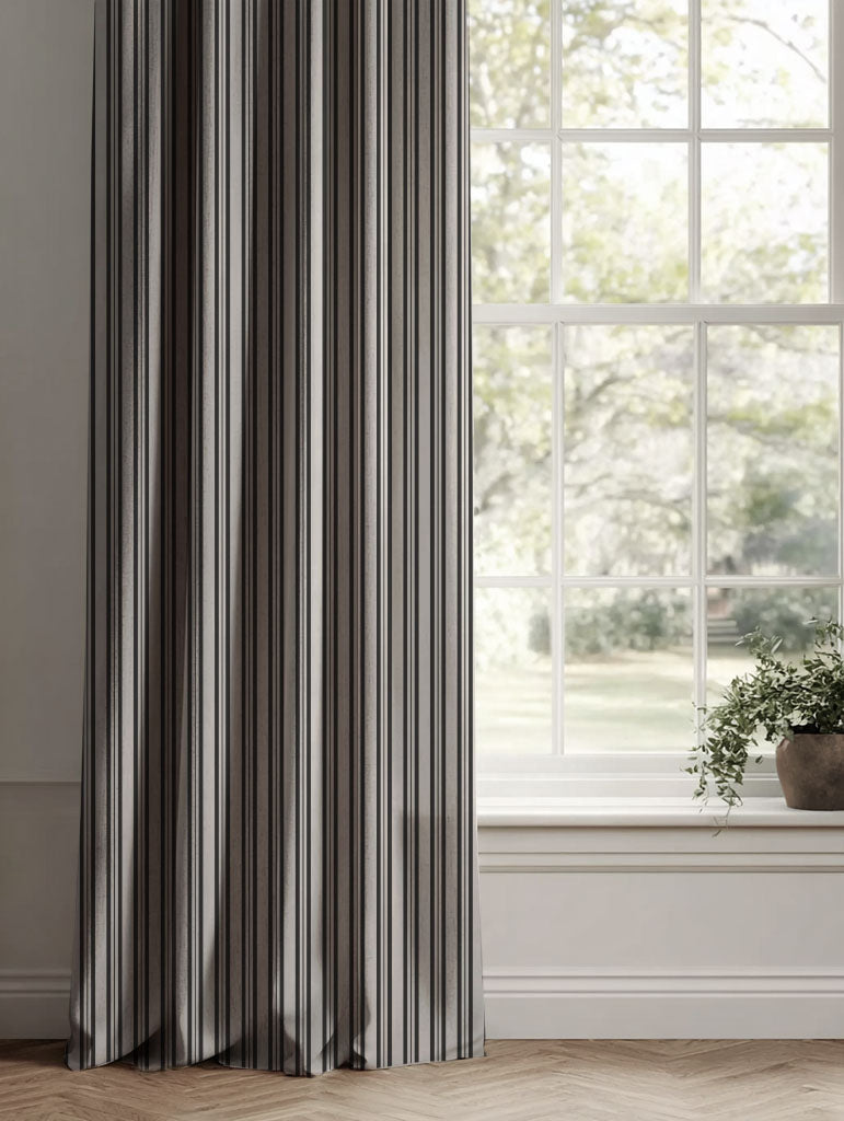 Black Striped Linen Curtains - Olga Black - Natural base fabric.