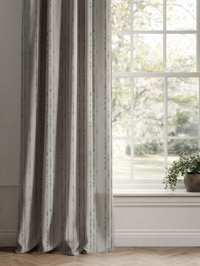 Green Patterned Linen Curtains - Pearls Jade Mist - Natural base fabric.