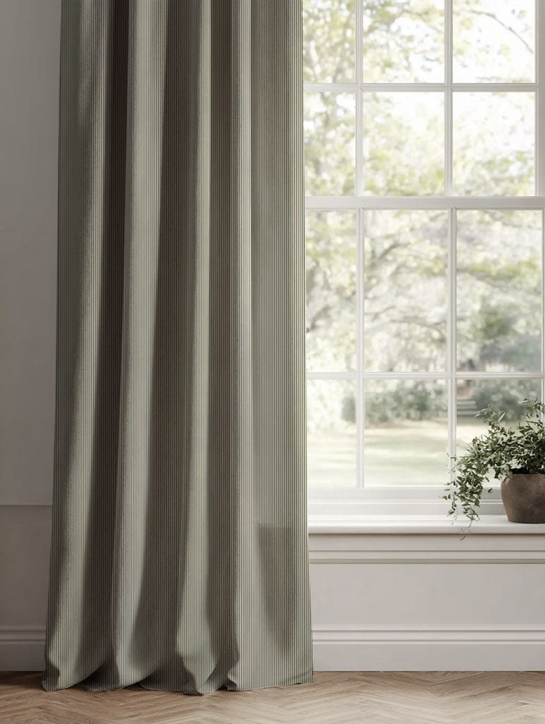 Green Striped Linen Curtains - Pinni Khaki - Natural base fabric.