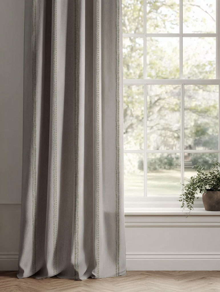Green Striped Linen Curtains - Rae Moss - Natural base fabric.