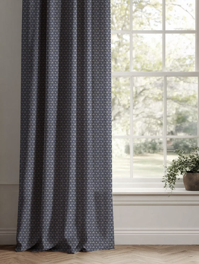 Blue Botanical Linen Curtains - Saana Deep Blue - Natural base fabric.