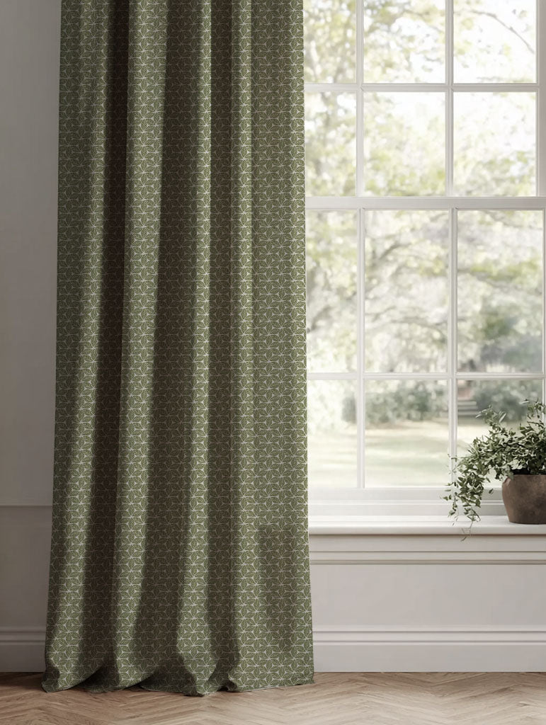 Green Botanical Linen Curtains - Saana Khaki - Natural base fabric.