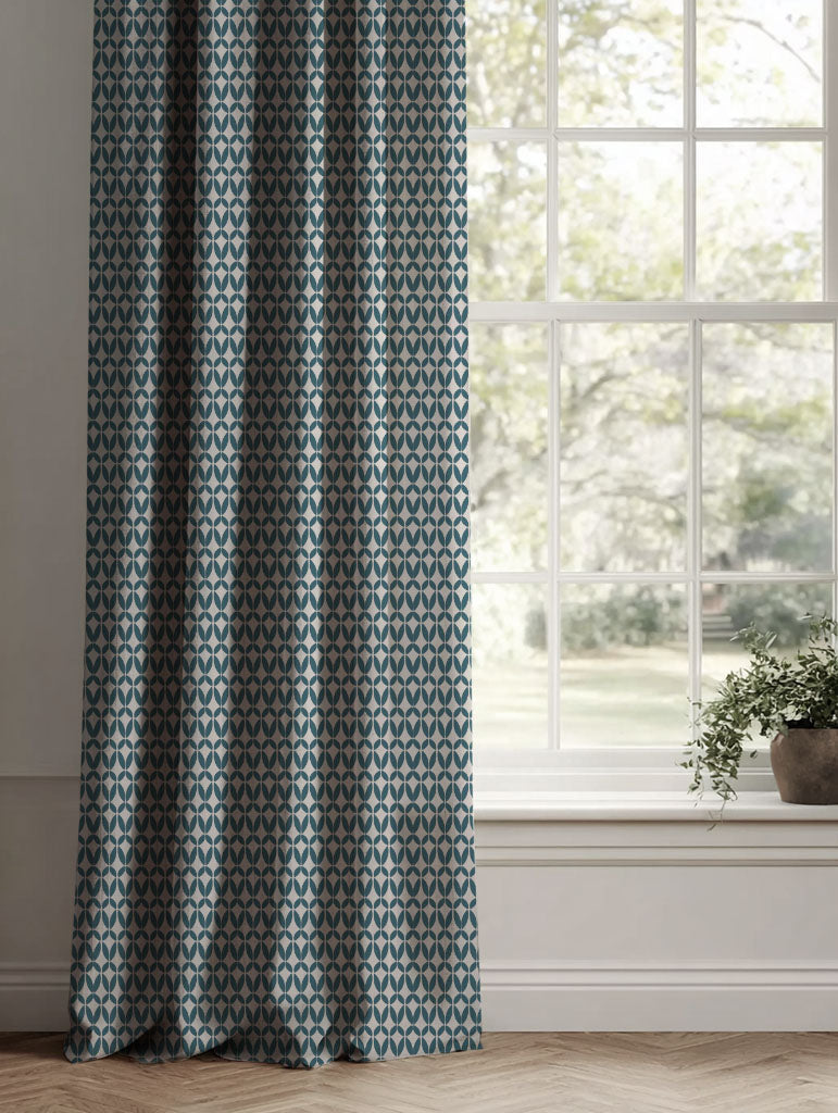 Blue Patterned Linen Curtains - Siruna Blue Stone - Natural base fabric.