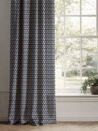 Blue Patterned Linen Curtains - Siruna Deep Blue - Natural base fabric.