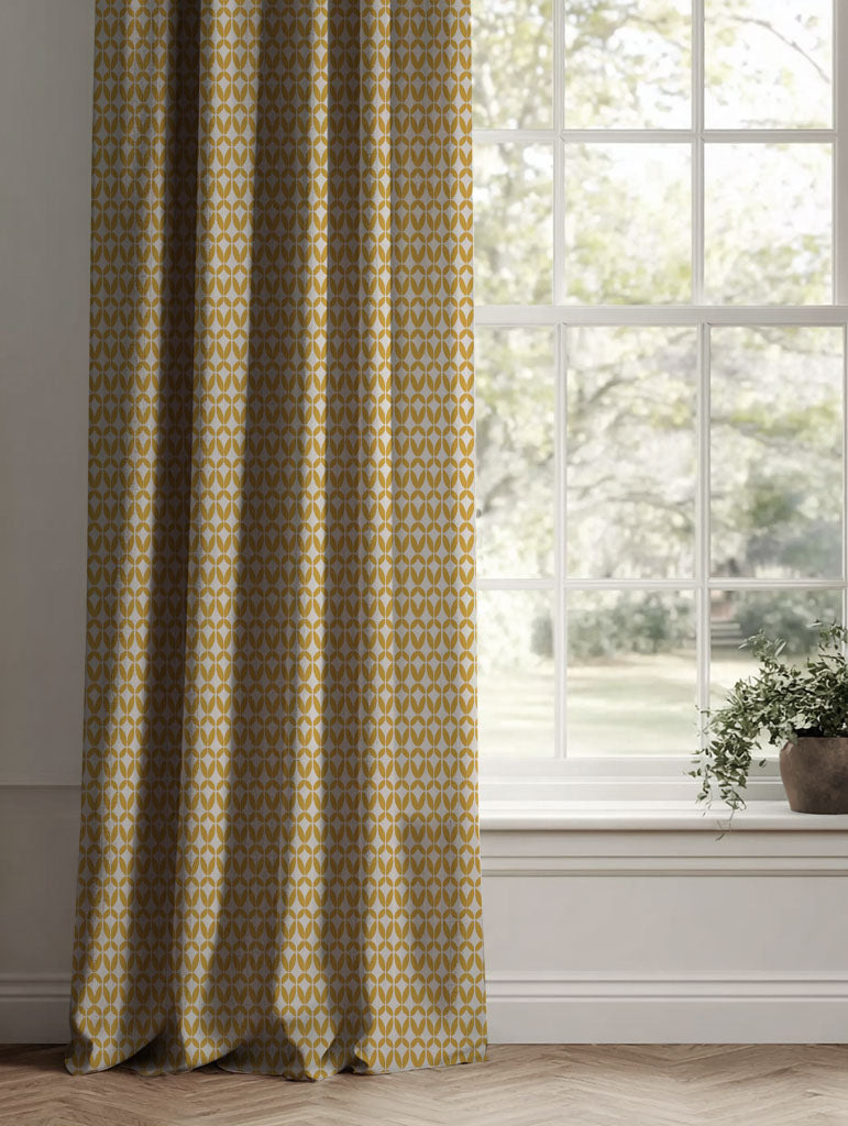 Yellow Patterned Linen Curtains - Siruna Mustard - Natural base fabric.