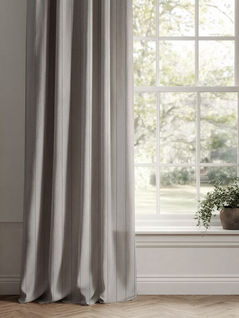 Green Striped Linen Curtains - Solveig Sage - Natural base fabric.