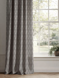 Grey Patterned Linen Curtains - Sylvia Charcoal - Natural base fabric.