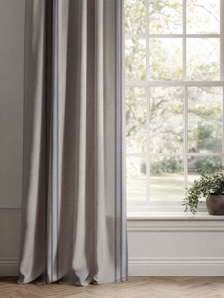 Blue Striped Linen Curtains - Telma Night Blue - Natural base fabric.