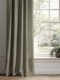 Green Patterned Linen Curtains - Vera Olive - Natural base fabric.