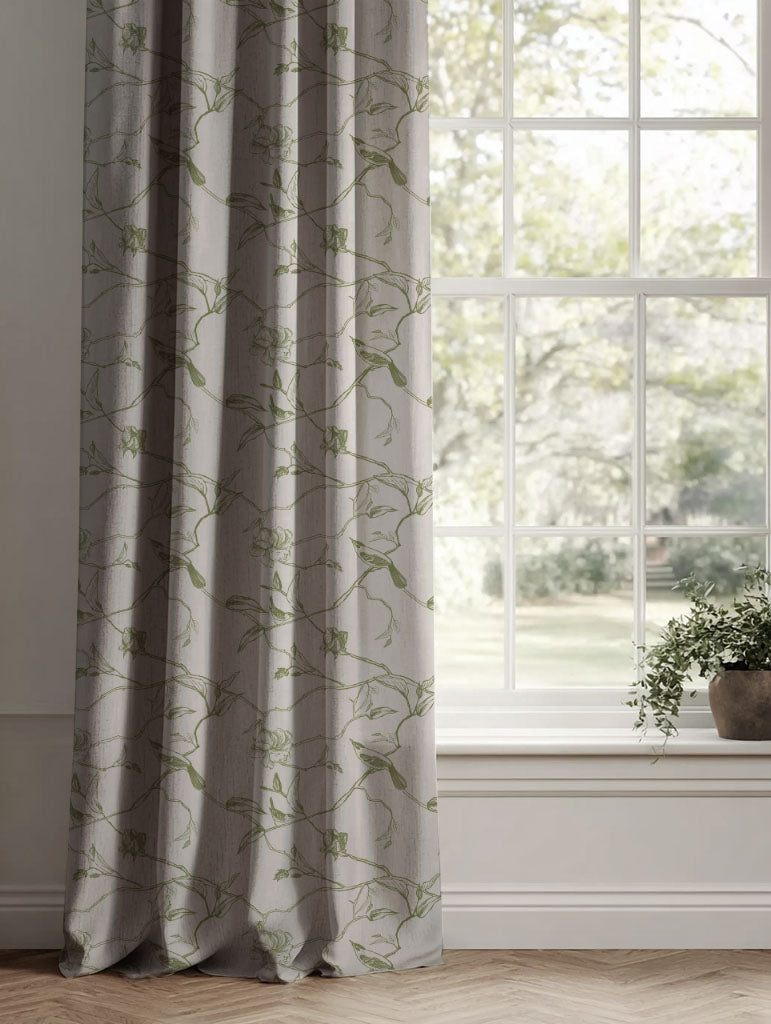 Botanical curtains with birds. Khaki Green pattern.