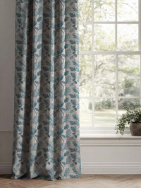 Blue Botanical Linen Curtain - Olini Blue Stone - Natural base fabric.